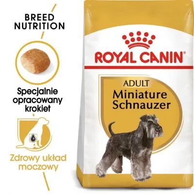 Royal Canin Adult Miniature Schnauzer, specjalnie opracowany krokiet, zdrowy układ moczowy. Opakowanie karmy z ilustracją psa rasy sznaucer miniaturowy.