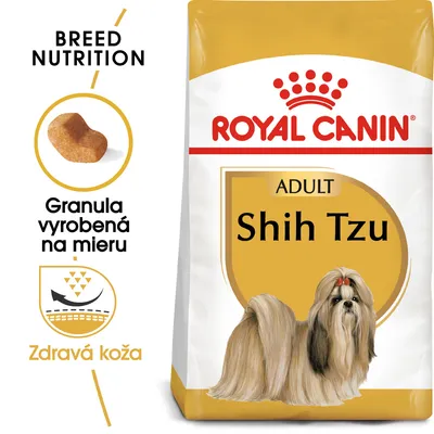 ROYAL CANIN ADULT Shih Tzu, granula vyrobená na mieru, zdravá koža, balenie s obrázkom psa Shih Tzu. Text: BREED NUTRITION, Granula vyrobená na mieru, Zdravá koža.