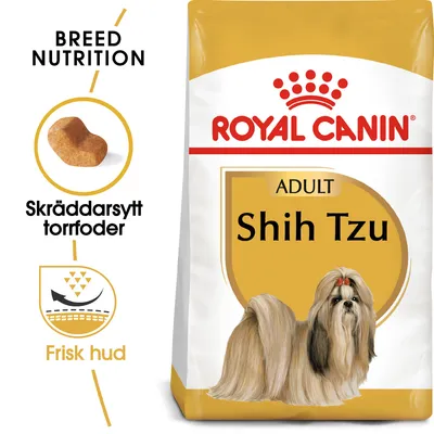 Royal Canin Adult Shih Tzu torrfoder, text: Skräddarsytt torrfoder, Frisk hud, bild på foderbit och Shih Tzu-hund. Breed Nutrition.