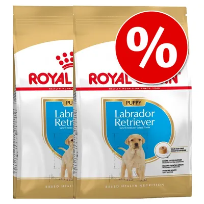 Royal Canin Puppy Labrador Retriever kutyatáp, két csomag, elöl nagy piros százalékos akciójelzés látható a csomagoláson.