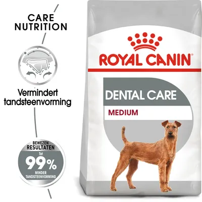 Royal Canin Dental Care Medium hondenvoer, vermindert tandsteenvorming, bewezen resultaten tot 99% minder tandsteen. Verpakking met afbeelding van hond en merknaam.