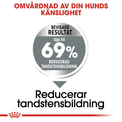 Omvårdnad av din hunds känslighet. Bevisade resultat: upp till 69 % reducerad tandstensbildning. Reducerar tandstensbildning.
