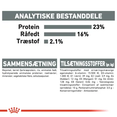 Analytiske bestanddele: protein 23 %, råfedt 16 %, træstof 2,1 %. Sammensætning: majsmel, tørret fjerkræprotein, ris, animalsk fedt m.m. Tilsætningsstoffer pr. kg: A-vitamin 15.500 IE, D3-vitamin 1.000 IE.