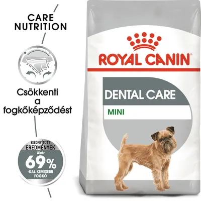 Royal Canin Dental Care Mini kutyatáp csomagolás, szöveg: Csökkenti a fogkőképződést, Bizonyított eredmények: akár 69%-kal kevesebb fogkő, kis termetű kutya képe