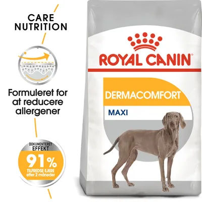 Royal Canin Dermacomfort Maxi hundefoder. Formuleret for at reducere allergener. Dokumenteret effekt: 91 % tilfredse ejere efter 2 måneder. Care Nutrition synlig på emballagen.