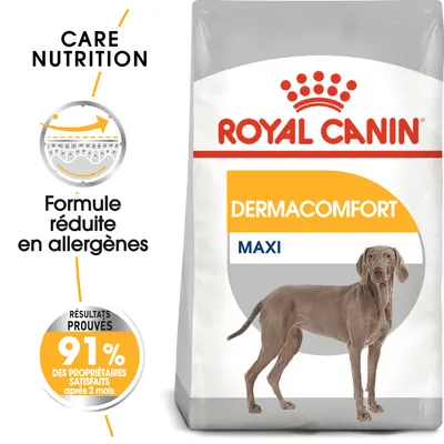 Sachet Royal Canin Dermacomfort Maxi, texte visible : Formule réduite en allergènes, résultats prouvés 91 % des propriétaires satisfaits après 2 mois, image d’un chien.