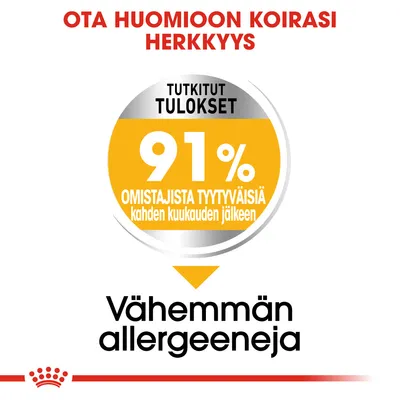 Ota huomioon koirasi herkkyys. Tutkitut tulokset: 91 % omistajista tyytyväisiä kahden kuukauden jälkeen. Vähemmän allergeeneja.