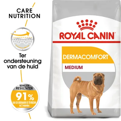 Royal Canin Dermacomfort Medium hondenvoer, ter ondersteuning van de huid. 91% van de eigenaren is tevreden na 2 maanden. Care Nutrition. Afbeelding van een hond op de verpakking.