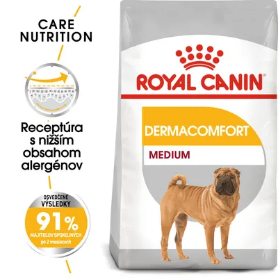 Royal Canin Dermacomfort Medium, receptúra s nižším obsahom alergénov, 91 % majiteľov spokojných po 2 mesiacoch, balenie so psom na obale.