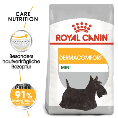 Royal Canin Dermacomfort Mini. Besonders hautverträgliche Rezeptur mit nachweisbaren Ergebnissen: 91% zufriedene Tierhalter nach 2 Monaten.