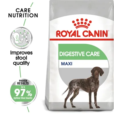 Digestive Care Maxi food with claim of improving stool quality and proven results up to 97% optimal stool quality, as shown on product packaging.