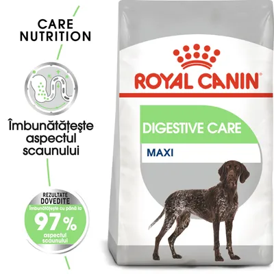 Pachet Royal Canin Digestive Care Maxi cu imagine câine. Text: Îmbunătățește aspectul scaunului, rezultate dovedite, îmbunătățește cu până la 97% aspectul scaunului.