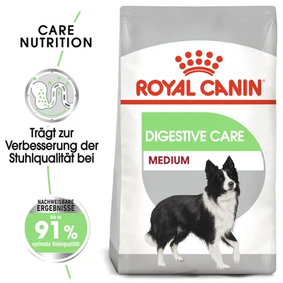 Royal Canin Digestive Care Medium, texte en allemand : 'Trägt zur Verbesserung der Stuhlqualität bei', 'Bis zu 91 % optimale Stuhlqualität', image d’un chien noir et blanc sur l’emballage.