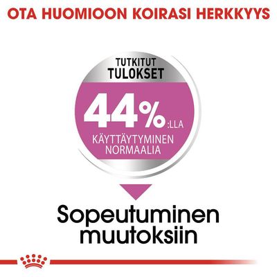 Ota huomioon koirasi herkkyys. Tutkitut tulokset: 44 %:lla käyttäytyminen normaalia. Sopeutuminen muutoksiin.