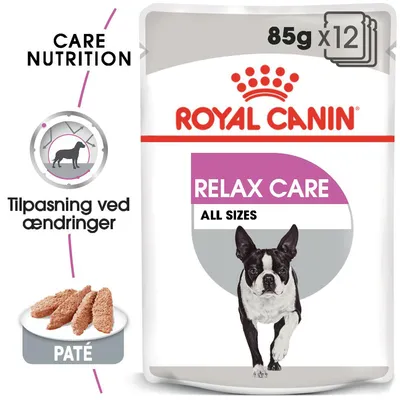 ROYAL CANIN RELAX CARE ALL SIZES, 85 g x12, paté. Care Nutrition. Tilpasning ved ændringer. Billede af hund og paté på tallerken.