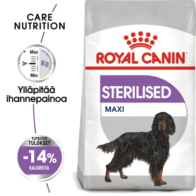 Royal Canin STERILISED MAXI -koiranruokapakkaus, tekstit: 'Ylläpitää ihannepainoa', 'Tutkitut tulokset -14 % kaloreita', kuva isosta koirasta.