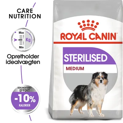 Royal Canin STERILISED MEDIUM hundefoder. Tekst: Care Nutrition, Opretholder idealvægten, Dokumenteret effekt -10 % kalorier. Vurderingsskala med vægtindikator.