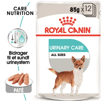 ROYAL CANIN URINARY CARE ALL SIZES, 85 g x12. Care Nutrition. Bidrager til et sundt urinsystem. Paté. Billede af hund og paté på tallerken.