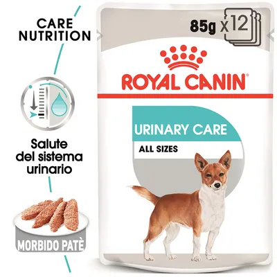 Royal Canin Urinary Care All Sizes, 85 g x12, morbido patè per cani, salute del sistema urinario, Care Nutrition. Immagine di cane e patè visibili sulla confezione.