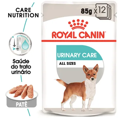 ROYAL CANIN URINARY CARE ALL SIZES, 85 g x12, patê para cães. Texto visível: Care Nutrition, Saúde do trato urinário, Patê.