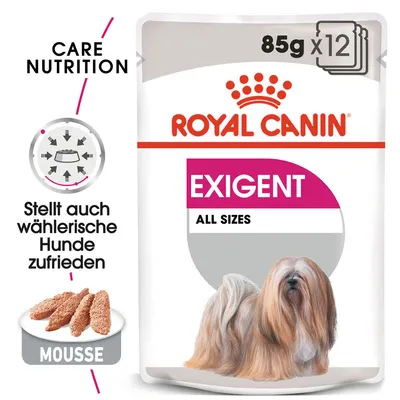 Royal Canin Exigent All Sizes, 85g x 12. Care Nutrition Mousse, stellt auch wählerische Hunde zufrieden.