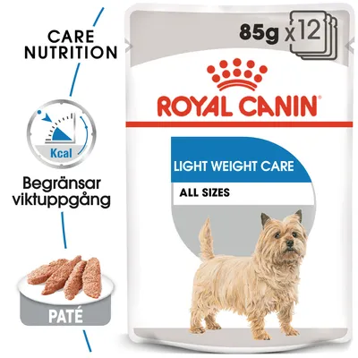 Royal Canin Light Weight Care All Sizes, 85 g x12. Begränsar viktuppgång. Paté. Bild på liten hund och patébitar. Text: Care Nutrition.