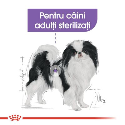 Text vizibil: Pentru câini adulți sterilizați, deasupra unei ilustrații cu un câine alb cu negru. Nu sunt prezente alte informații comerciale sau de brand.