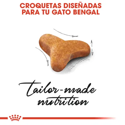 Croquetas diseñadas para tu gato Bengal. Texto en inglés: tailor-made nutrition. Imagen de una croqueta con flechas indicando su forma.