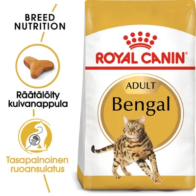 Royal Canin Adult Bengal -kuivaruokapakkaus, kuvassa bengalikissa, tekstit: Räätälöity kuivanappula, Tasapainoinen ruoansulatus, BREED NUTRITION.