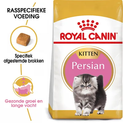 Royal Canin Kitten Persian kattenvoer, rasspecifieke voeding. Tekst: Specifiek afgestemde brokken, Gezonde groei en lange vacht. Afbeelding van een kitten en brokjes.