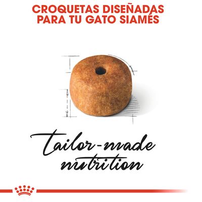 Croquetas diseñadas para tu gato siamés. Texto en inglés: tailor-made nutrition. Imagen de una croqueta redonda con agujero en el centro.