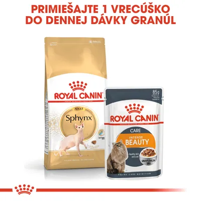 Royal Canin Sphynx granuly pre mačky a Royal Canin Intense Beauty kapsička 85 g. Text: Primiešajte 1 vrecúško do dennej dávky granúl.