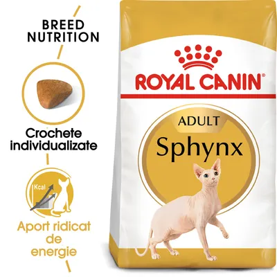 Pachet Royal Canin Adult Sphynx, text vizibil: Crochete individualizate, Aport ridicat de energie, imagine cu o croșetă și o pisică Sphynx. Text în engleză și română.