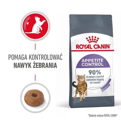 ROYAL CANIN Appetite Control, napis: pomaga kontrolować nawyk żebrania, 90% of owners reported controlled begging in 4 weeks, ilustracja kota i krokieta.