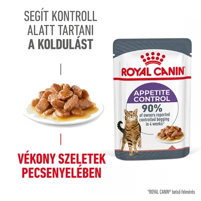 Royal Canin Appetite Control macskaeledel tasak, vékony szeletek pecsenyelében. Szöveg: Segít kontroll alatt tartani a koldulást, 90% tulajdonos szerint javult 4 hét alatt.