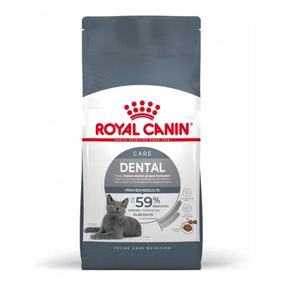 Royal Canin Care Dental para gatos. Texto visible: ayuda a reducir la formación de placa dental, resultados probados hasta un 59 % menos de sarro en 28 días. Imagen de un gato gris.
