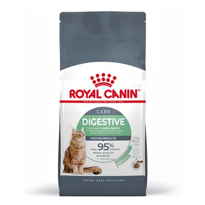 Opakowanie karmy Royal Canin Care Digestive dla kotów, widoczny napis: 'PROVEN RESULTS over 95% healthy stool quality in 10 days', zdjęcie kota, grafika granulatu.