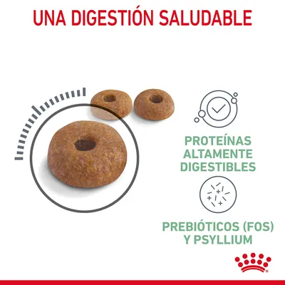 Pienso en forma de aro con texto: UNA DIGESTIÓN SALUDABLE, PROTEÍNAS ALTAMENTE DIGESTIBLES, PREBIÓTICOS (FOS) Y PSYLLIUM. Logotipo Royal Canin visible.