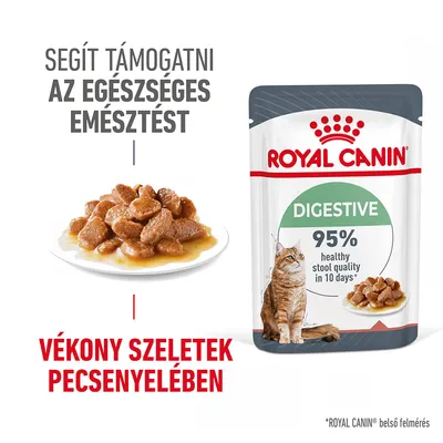 Royal Canin Digestive macskaeledel tasak, vékony szeletek pecsenyelében. Szöveg: Segít támogatni az egészséges emésztést, 95% healthy stool quality in 10 days. Royal Canin Digestive macskaeledel tasak, vékony szeletek pecsenyelében. Szöveg: Segít támogatni az egészséges emésztést, 95% healthy stool quality in 10 days.