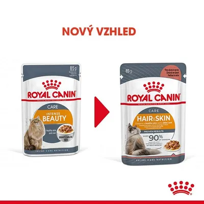 Porovnání starého a nového obalu kapsičky Royal Canin Care 85 g pro kočky: vlevo Intense Beauty, vpravo Hair & Skin. Text nahoře: NOVÝ VZHLED.