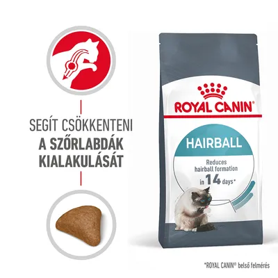 ROYAL CANIN HAIRBALL macskaeledel csomagolás, szöveg: Segít csökkenteni a szőrlabdák kialakulását. Reduces hairball formation in 14 days. Egy szem eledel is látható. ROYAL CANIN HAIRBALL macskaeledel csomagolás, szöveg: Segít csökkenteni a szőrlabdák kialakulását. Reduces hairball formation in 14 days. Egy szem eledel is látható.