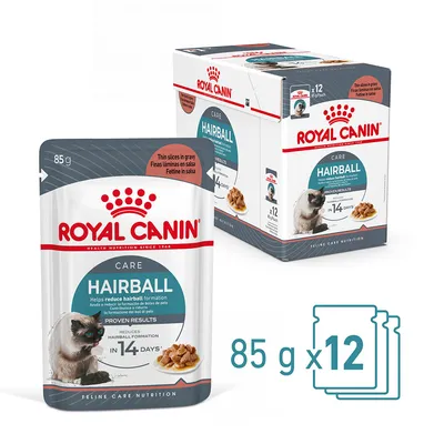 Royal Canin Hairball Care, pack de 12 sobres de 85 g. Texto visible: ayuda a reducir la formación de bolas de pelo, resultados probados en 14 días, finas láminas en salsa.