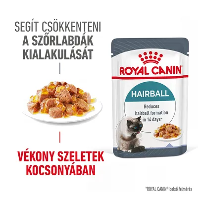 ROYAL CANIN Hairball macskaeledel tasak, vékony szeletek kocsonyában. Segít csökkenteni a szőrlabdák kialakulását. Cica és tál étel látható. ROYAL CANIN Hairball macskaeledel tasak, vékony szeletek kocsonyában. Segít csökkenteni a szőrlabdák kialakulását. Cica és tál étel látható.