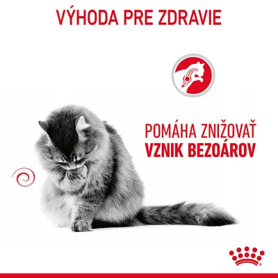Výhoda pre zdravie. Pomáha znižovať vznik bezoárov. Obrázok mačky a červené logo s profilom mačky.