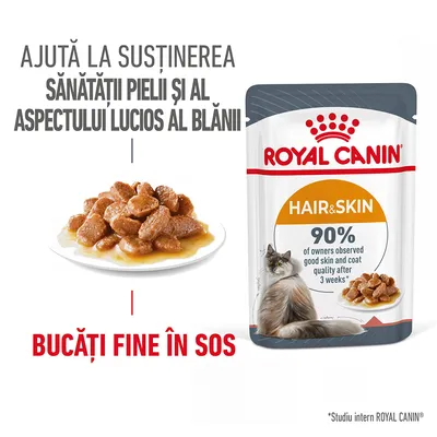 Plic Royal Canin Hair & Skin pentru pisici, bucăți fine în sos. Text vizibil: Ajută la susținerea sănătății pielii și al aspectului lucios al blănii. 90% observație după 3 săptămâni.