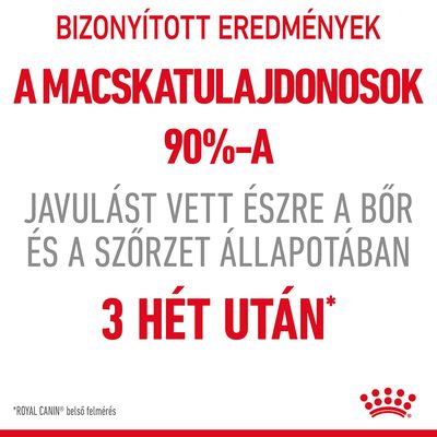 Bizonyított eredmények: a macskatulajdonosok 90%-a javulást vett észre a bőr és a szőrzet állapotában 3 hét után. *ROYAL CANIN belső felmérés