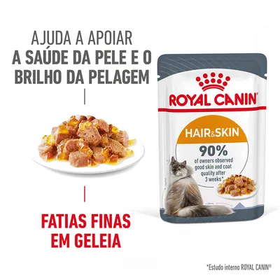 ROYAL CANIN Hair & Skin, fatias finas em geleia. Ajuda a apoiar a saúde da pele e o brilho da pelagem. 90% observaram melhoria após 3 semanas. Imagem de embalagem e comida para gato.
