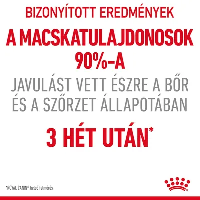 Bizonyított eredmények: a macskatulajdonosok 90%-a javulást vett észre a bőr és a szőrzet állapotában 3 hét után. *ROYAL CANIN belső felmérés