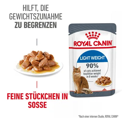 ROYAL CANIN Light Weight, sachet avec chat, texte anglais : 90% of cats achieved healthier weight in 8 weeks, morceaux en sauce sur assiette, texte allemand : feine Stückchen in Sosse.