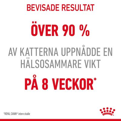 Bevisade resultat: över 90 % av katterna uppnådde en hälsosammare vikt på 8 veckor. *Royal Canin intern studie.